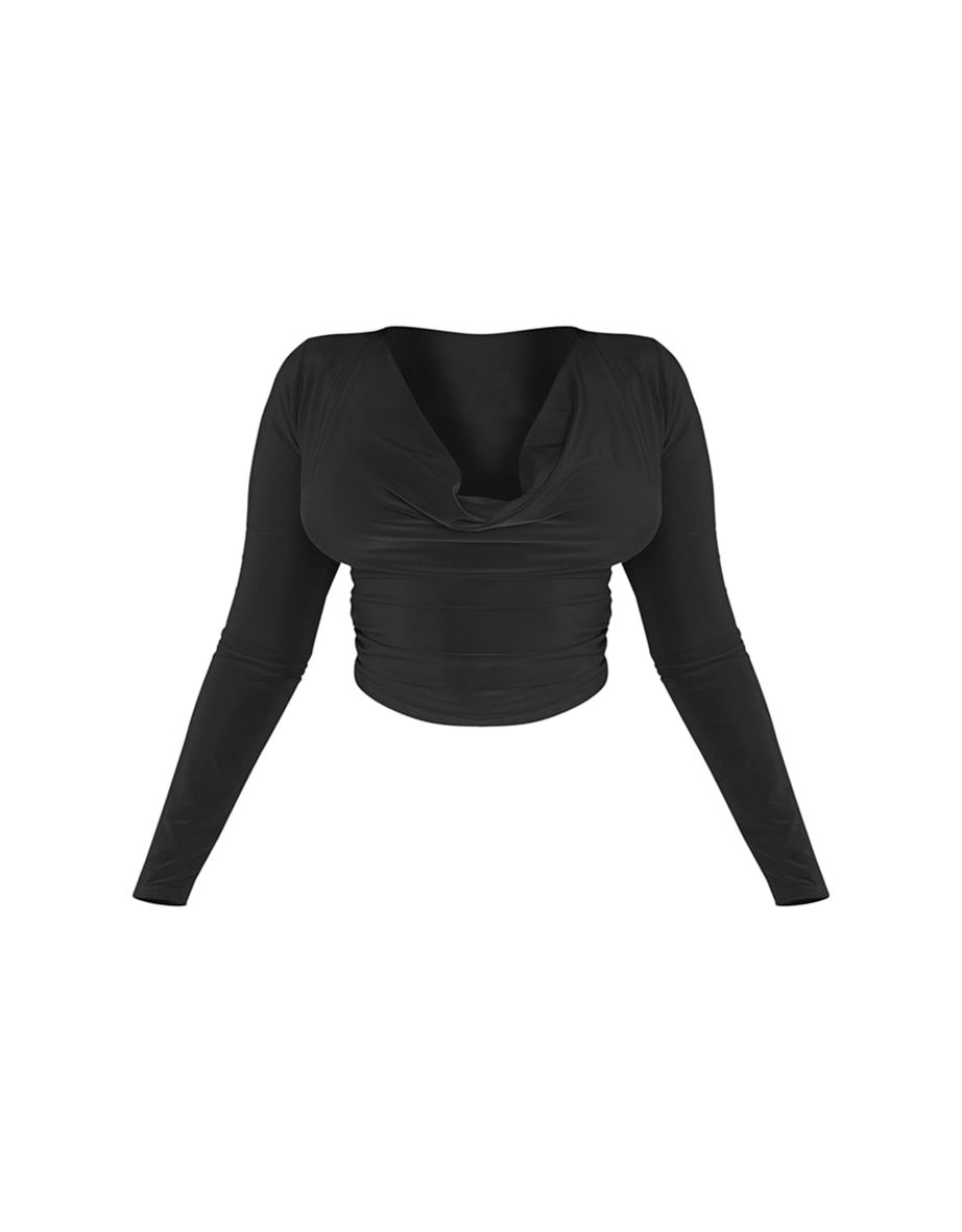 Black Slinky Cowl Neck Ruched Sides Long Sleeve Top - 4