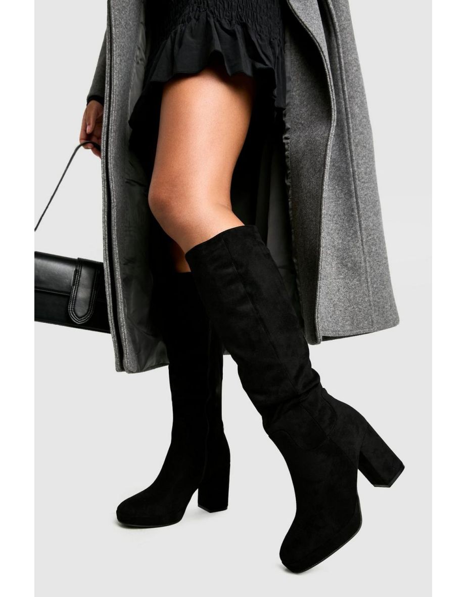 Faux Suede Platform Ruched Knee High Boots - black