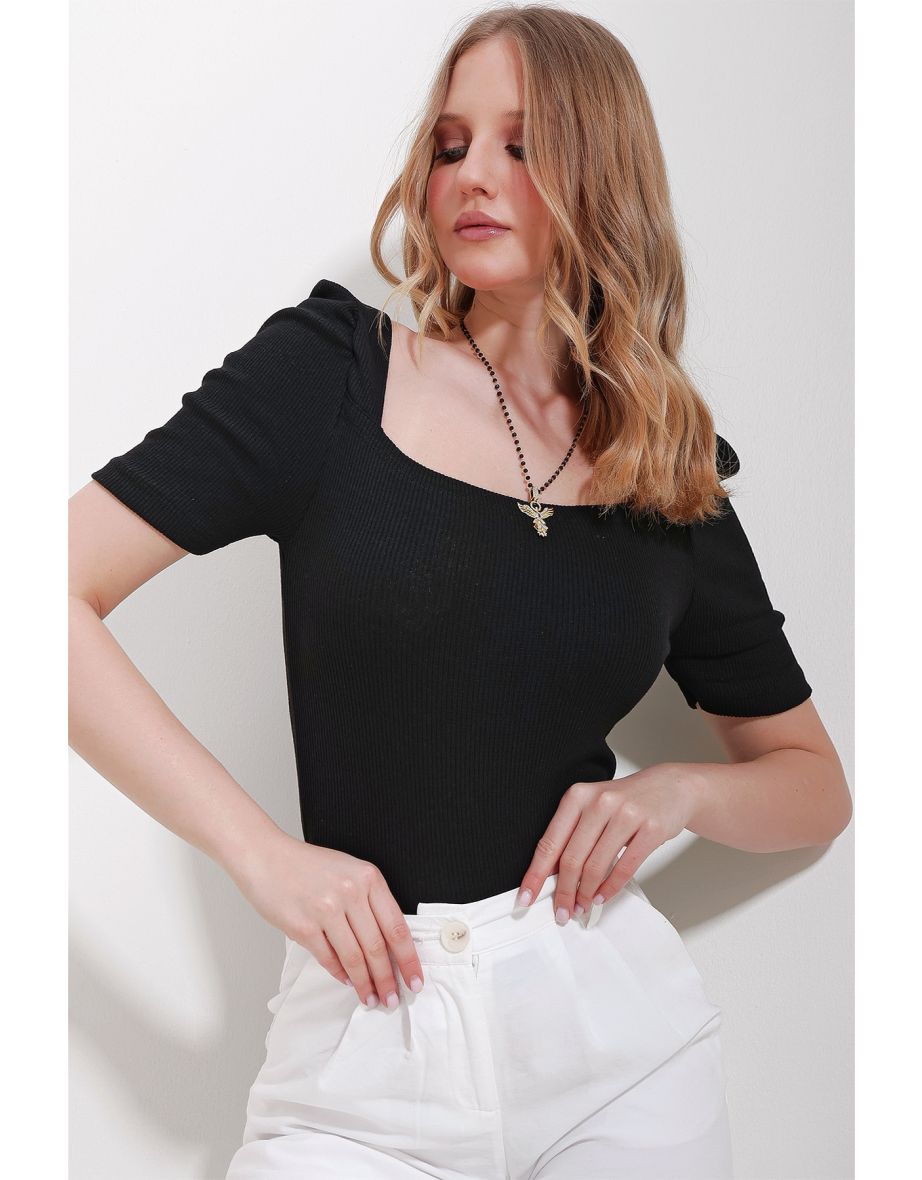 Women's Black Square Neck Princess Sleeve Regular Fit Blouse