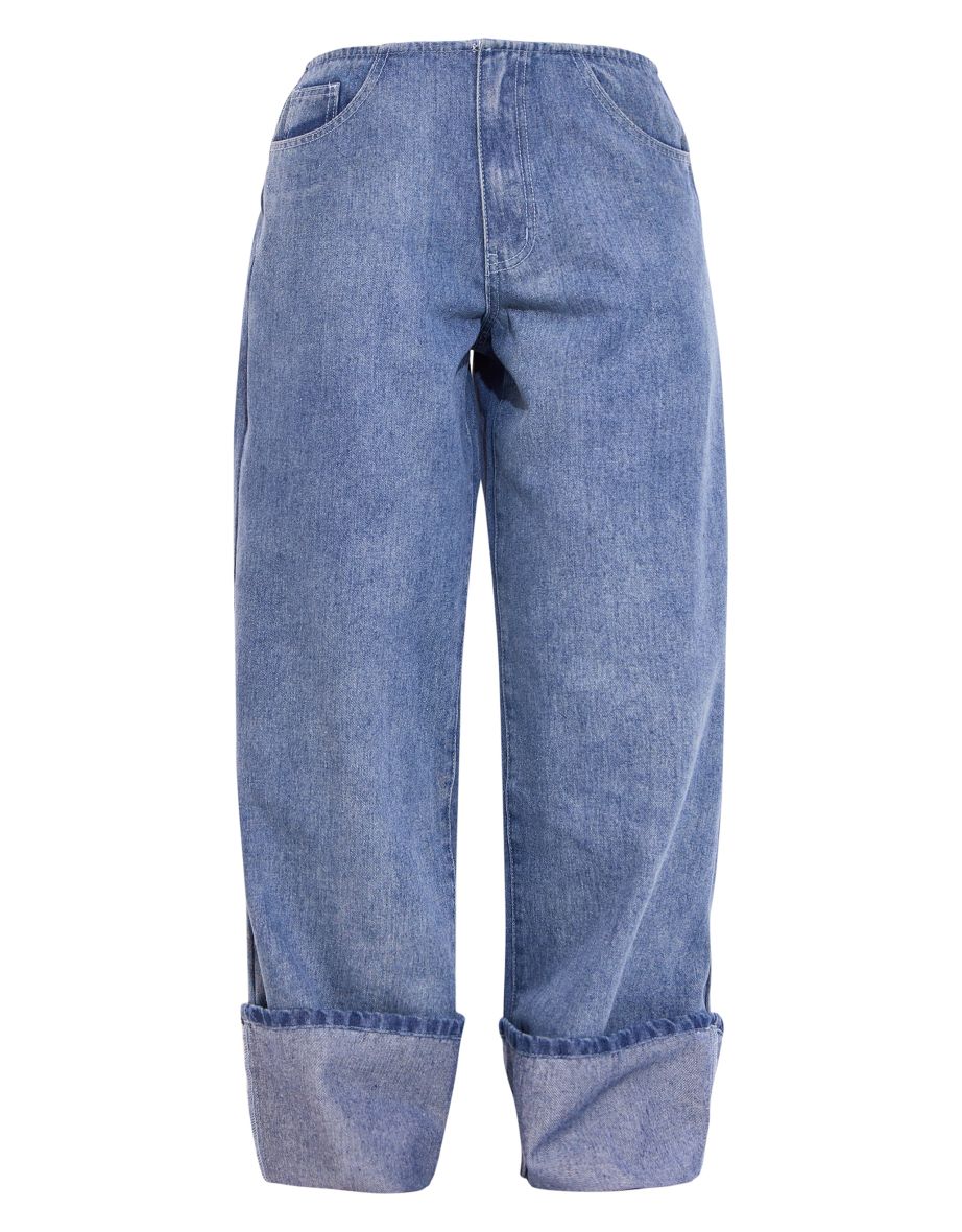 Petite Light Blue Wash Denim Turn Up Low Rise Wide Leg Jeans - 4