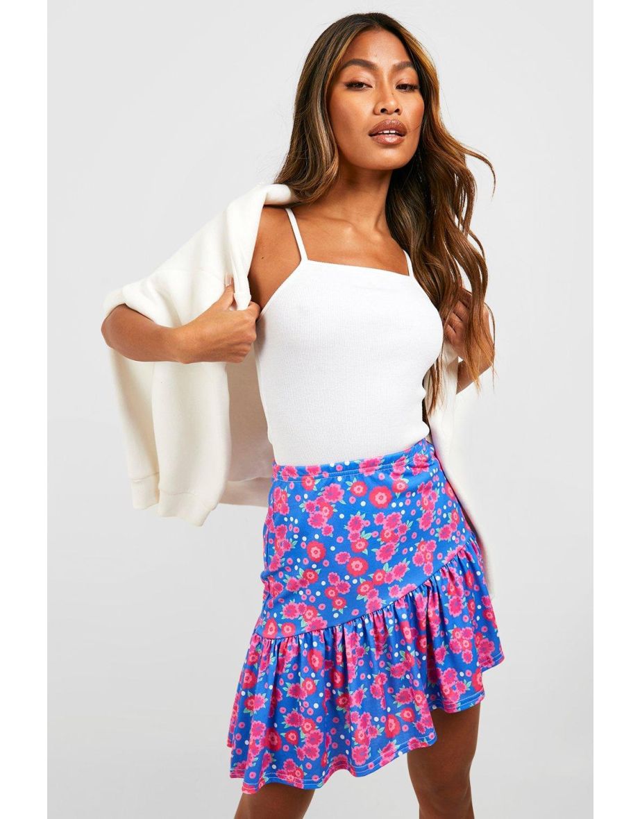 Floral Ruffle Hem Mini Skirt - blue