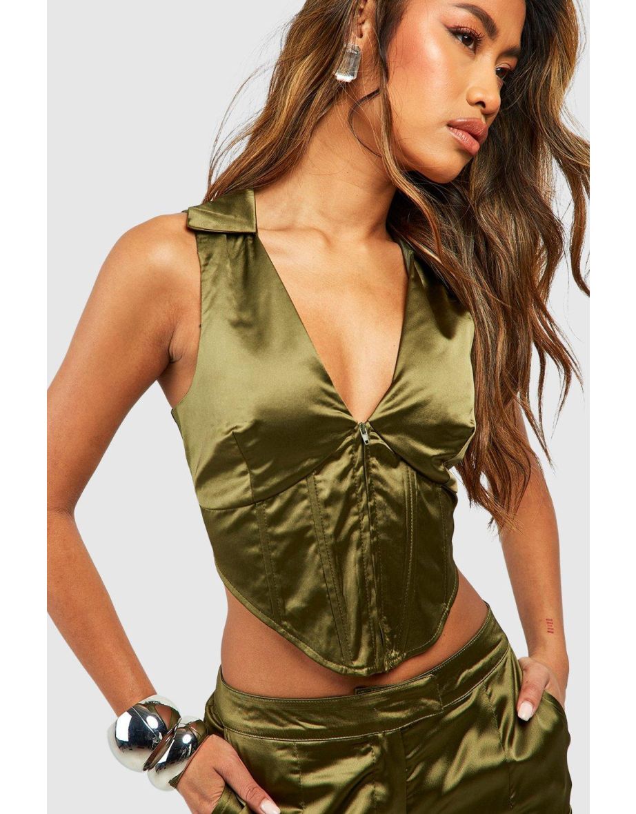Satin Zip Halter Corset Detail Waistcoat - khaki