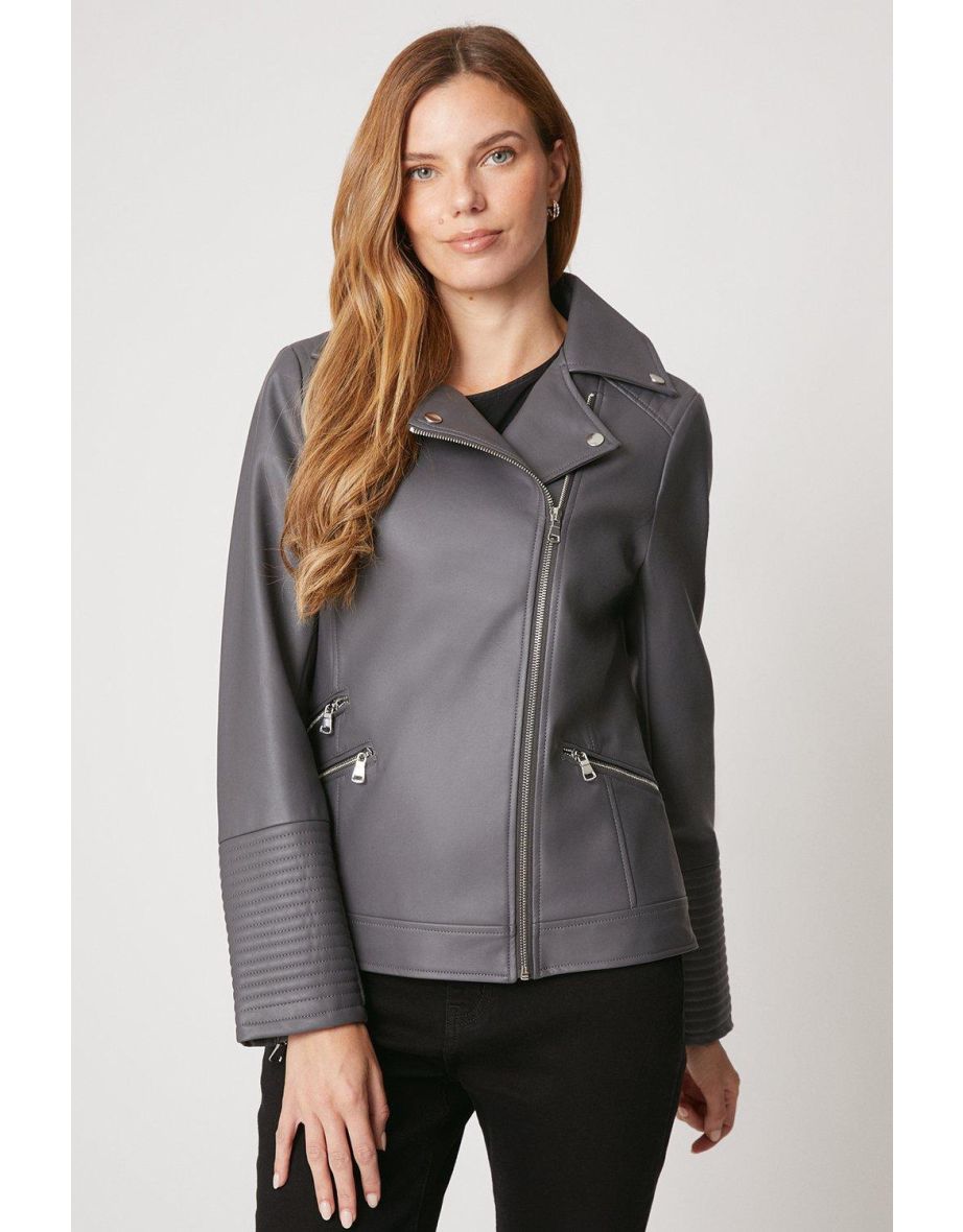 Shop Dark Grey Faux Leather Biker Jacket Online in Oman VogaCloset