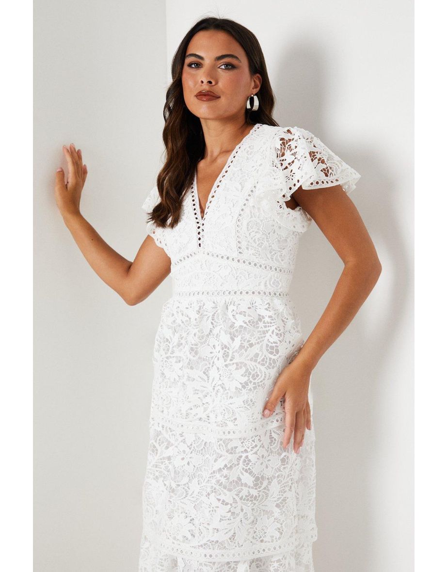 Tiered Lace Trim Detail Midi Dress - White - 3