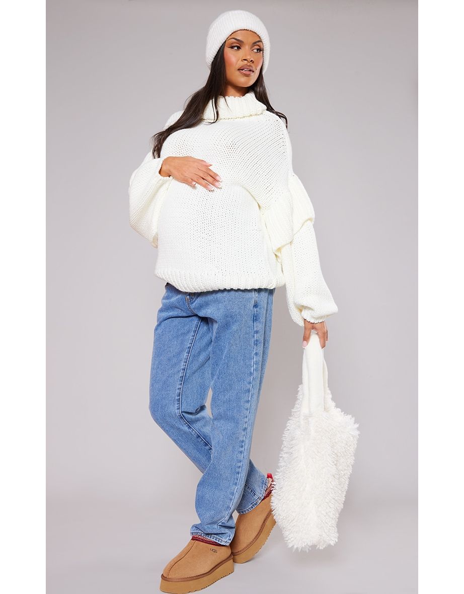 Maternity Cream Oversized Thick Knit Turtle Neck Jumper