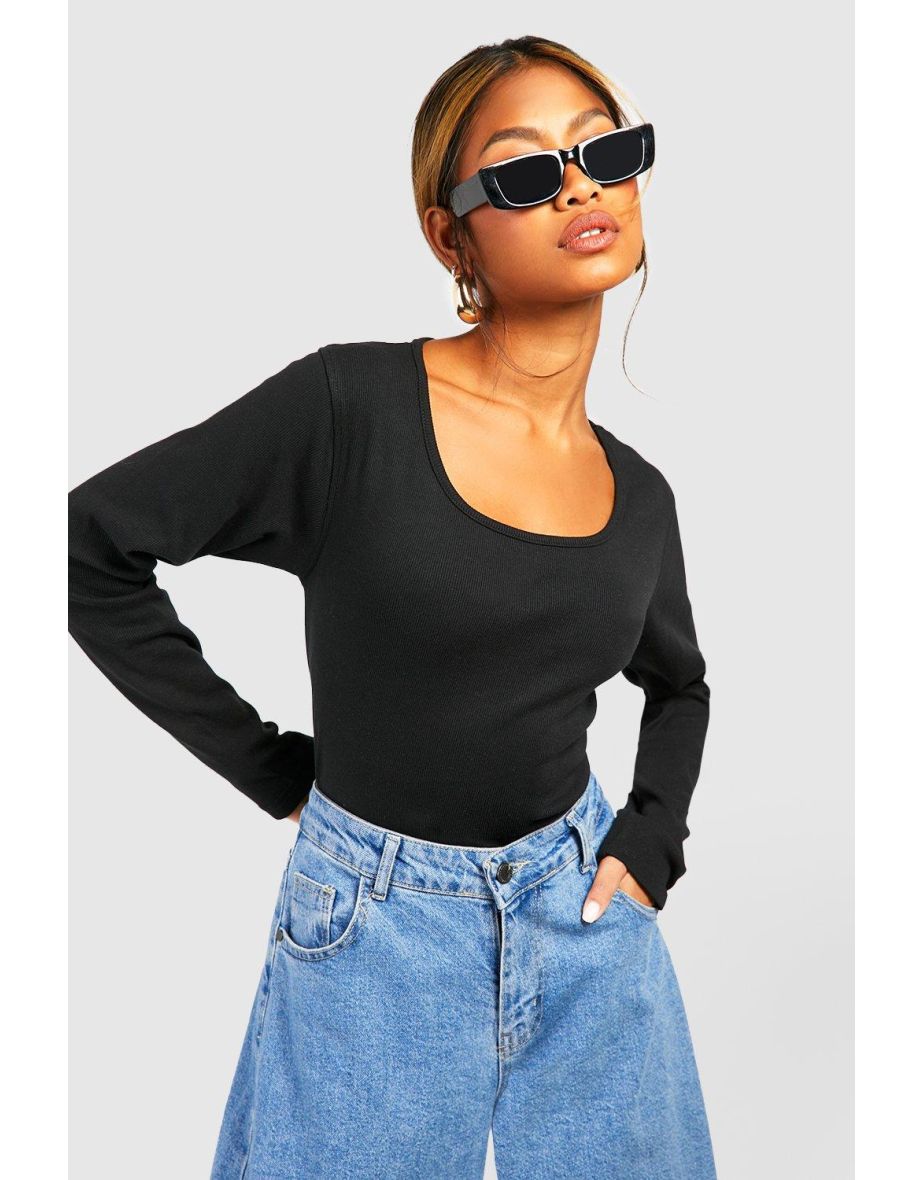 Basic Rib Scoop Neck Long Sleeve Top - black - 3