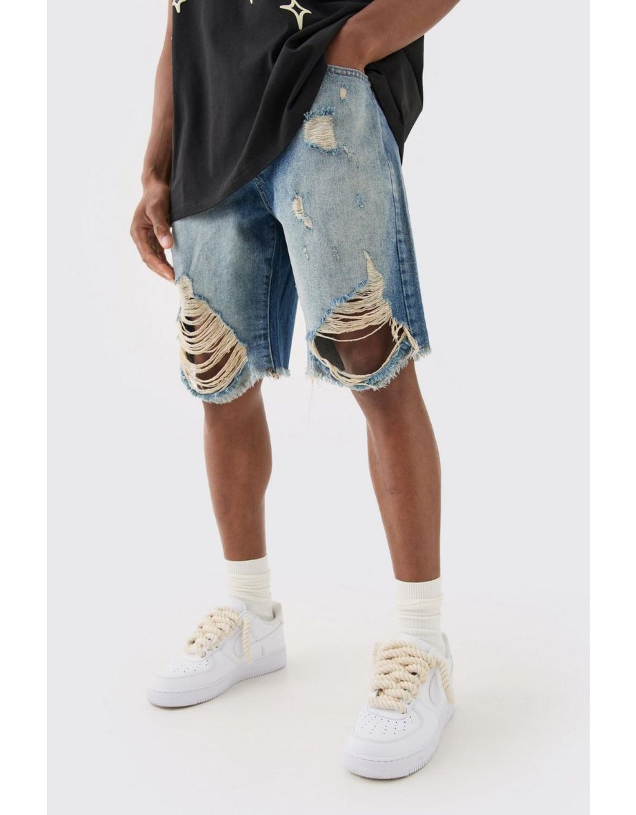 Relaxed Rigid Long Length Ripped Denim Shorts In Ice Blue - ice blue