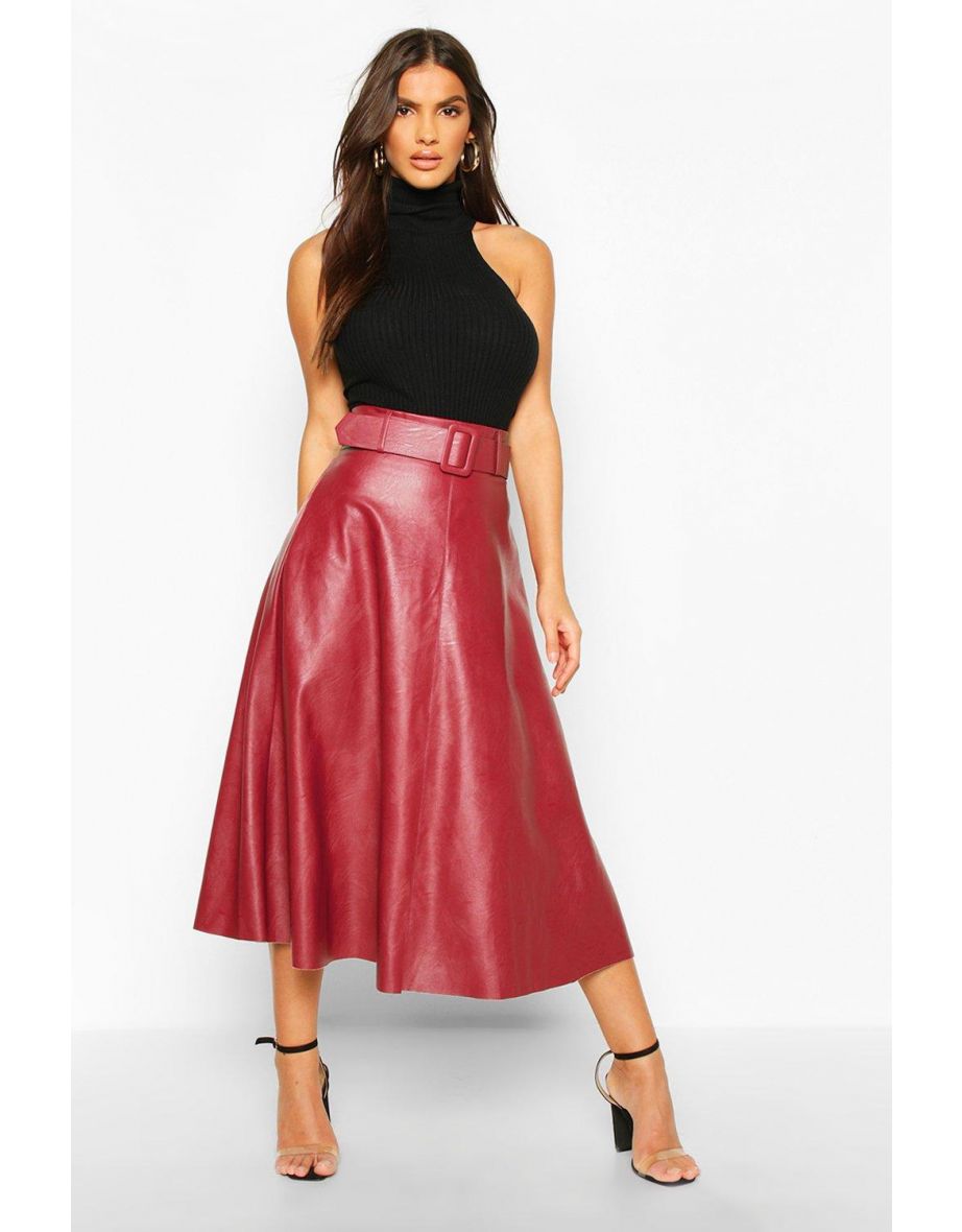 Leather Look Self Belt Skater Skirt - berry