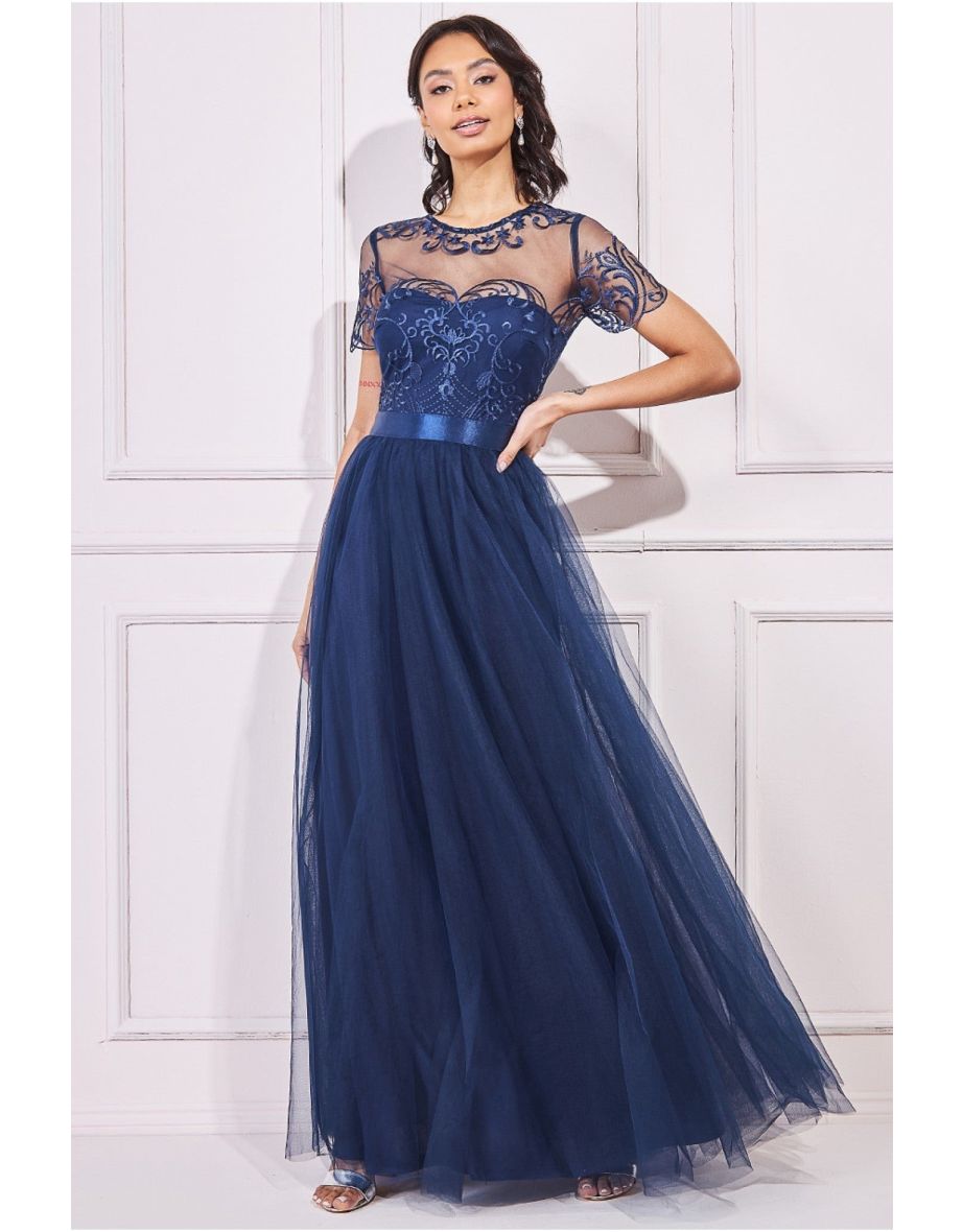 Goddiva Embroidered Mesh Maxi Dress