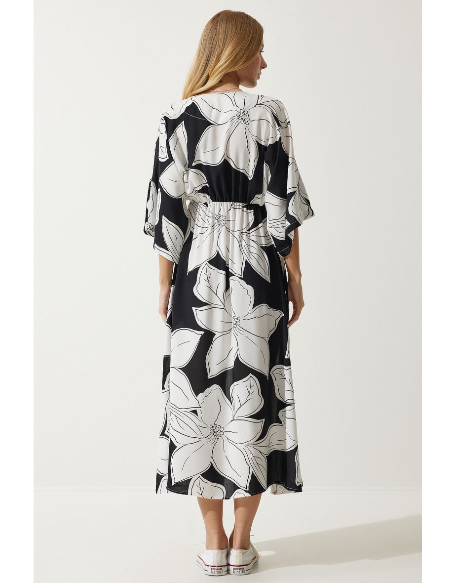 Women's Black and White Wrapover Neck Patterned Summer Viscose Dress - 6