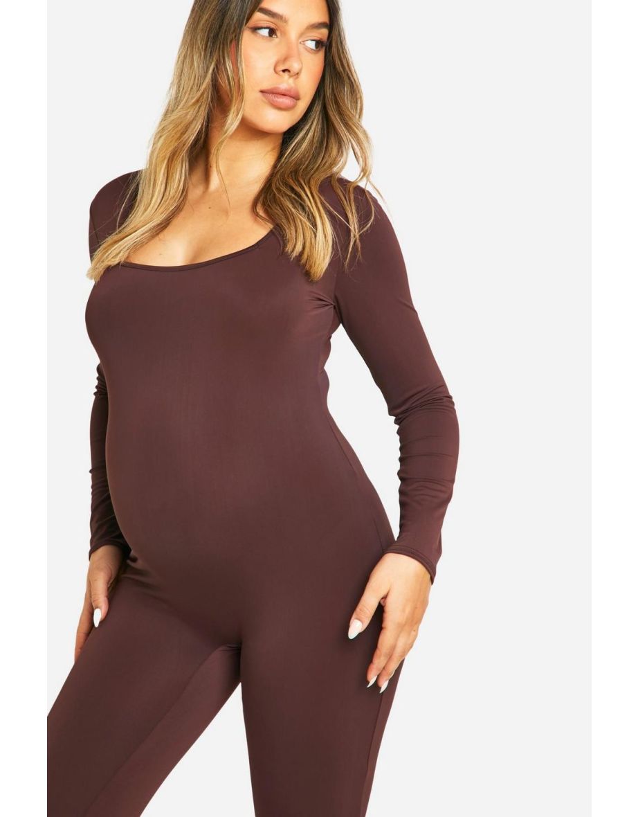 Maternity Matte Slinky Square Neck Unitard - dark brown - 3