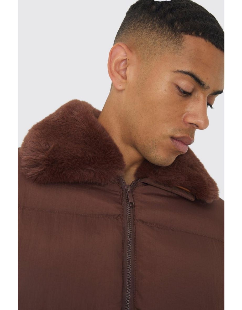Boxy Faux Fur Collar Puffer Jacket In Chocolate - chocolate - 2