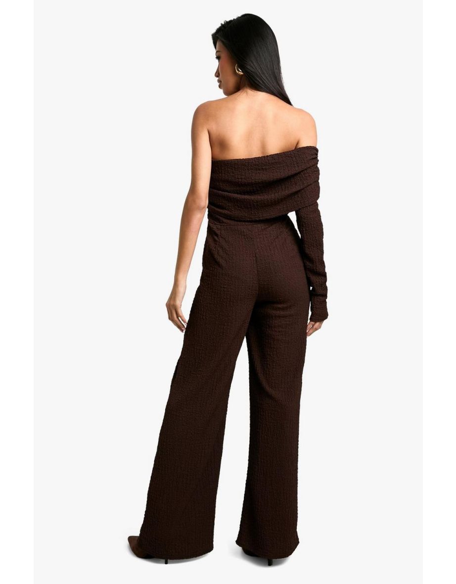 One Shoulder Wide Leg Textured Jumpsuit - chocolate - 1