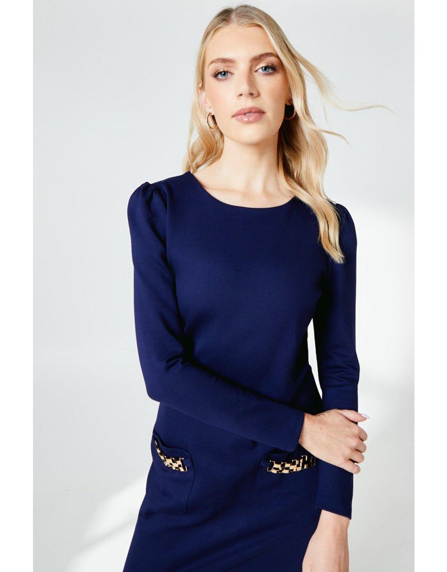 Principles by Debenhams Navy Column Mini Shift Dress with Long Sleeve - 3