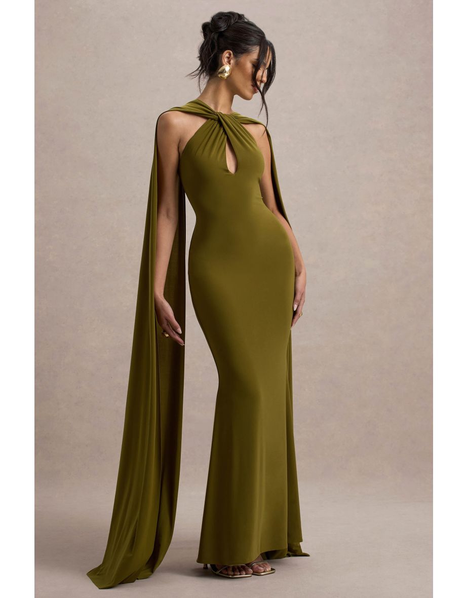 Rhoda | Green Twist Halter-Neck Cape Maxi Dress