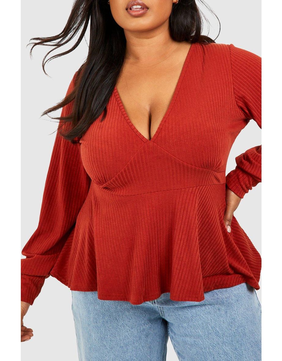 Plus Soft Rib Plunge Peplum Top - rust - 3