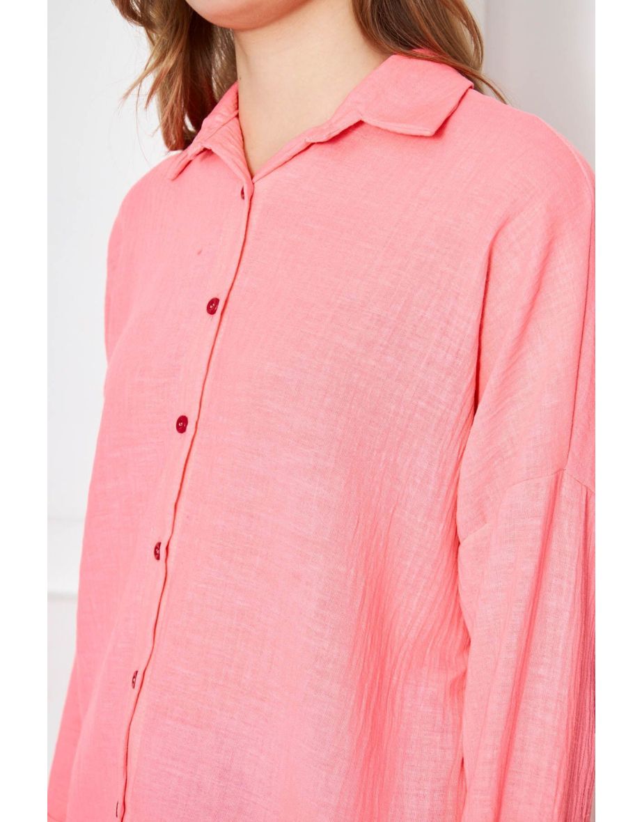 Women's Neon Pink Oversize Textured Linen Look Wide Cuff Shirt - 3