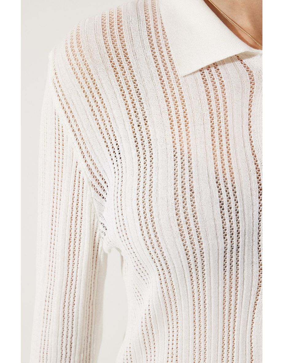Women's Bone Polo Collar Summer Curved Knit Cardigan - 5