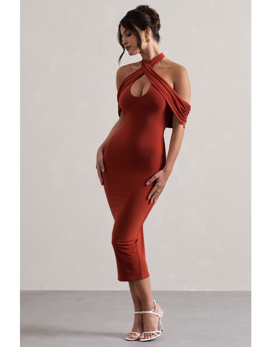 Connect | Terracotta Bodycon Halter-Neck Midi Dress With Cut-Out - 4