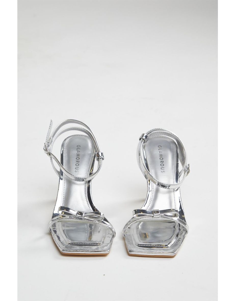 Silver Strappy Bow Barely There-Heels