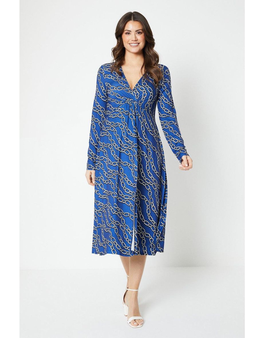 Printed Jersey Knot Front Midi Dress