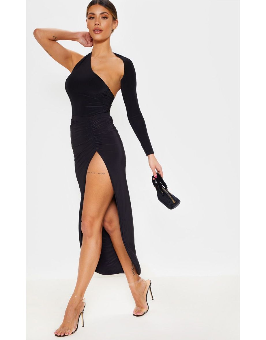 Black One Shoulder Asymmetric Bodysuit - 4