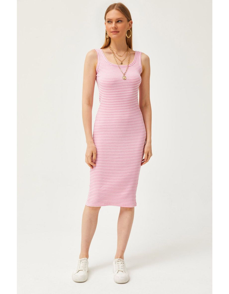 Women's Striped Pink Thick Strap Lycra Midi Dress