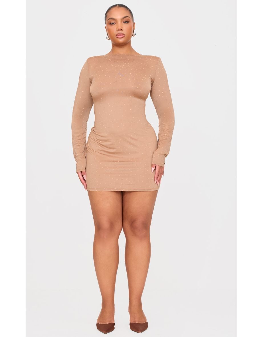 Plus Nude Hot Fix Long Sleeve Mini Dress