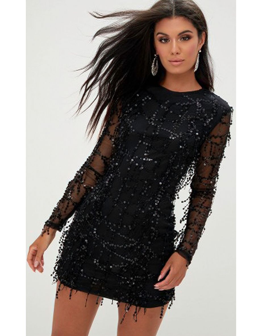 Black Sequin Detail Long Sleeve Mini Dress