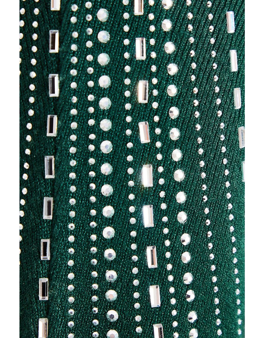 Bottle Green Knitted Diamante Jumper - 5