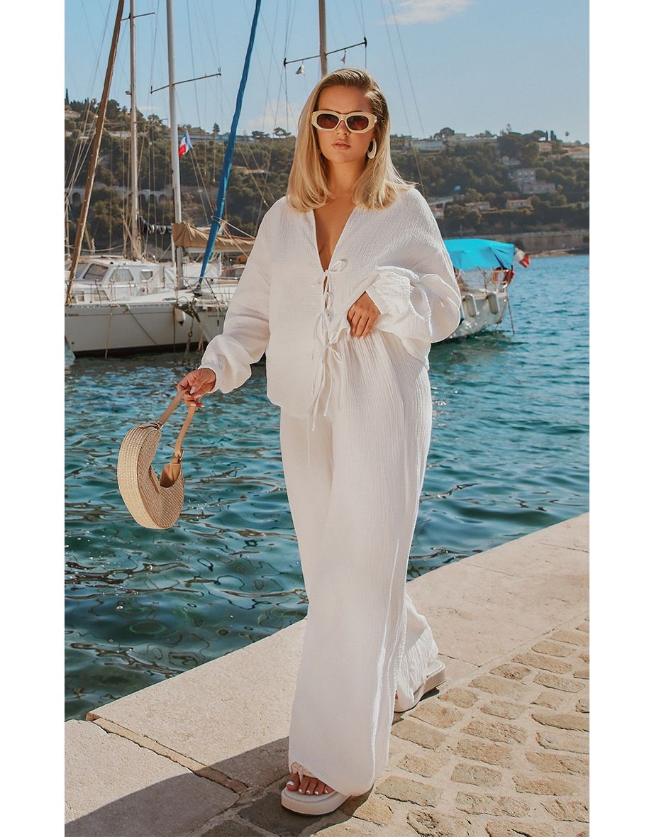White Textured Cheesecloth Wide Leg Trousers