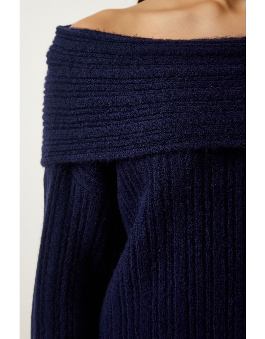 Women's Navy Blue Madonna Collar Knitwear Sweater - 5