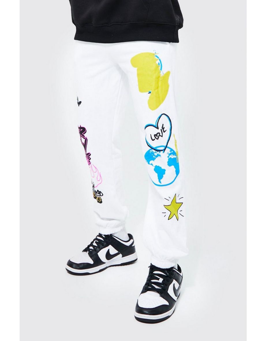 White best sale graffiti joggers