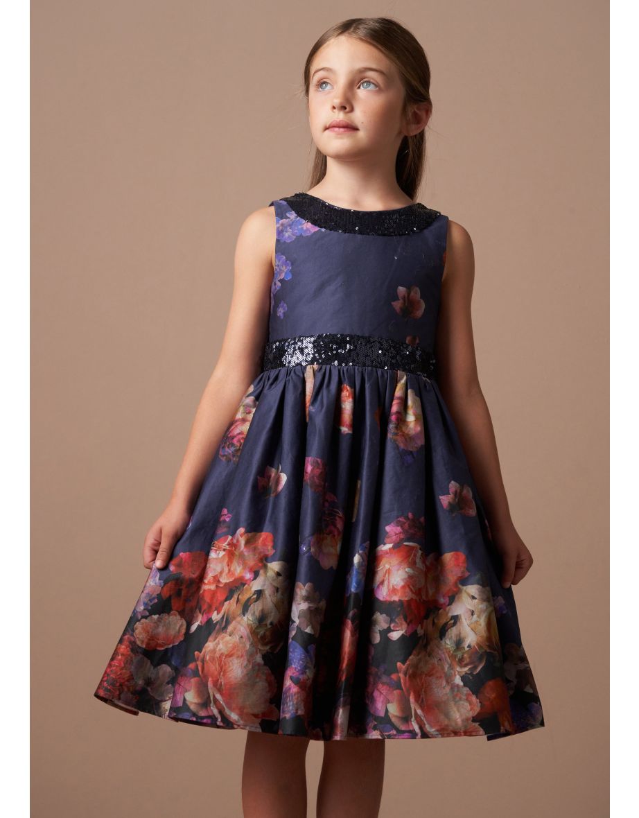 Claudia Blue Border Print Sequin Bow Dress