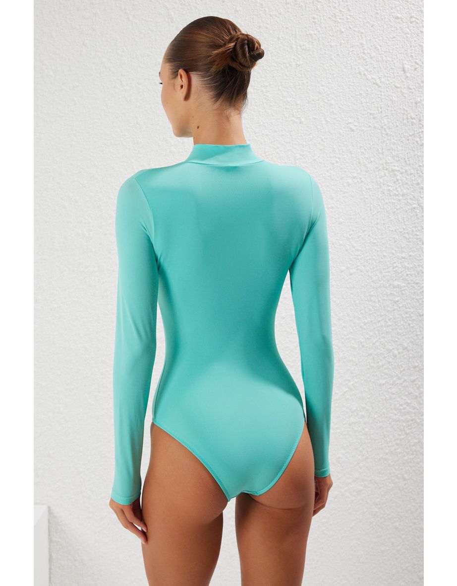 Turquoise Zippered Long Sleeve Regular Surf Swimsuit - 4