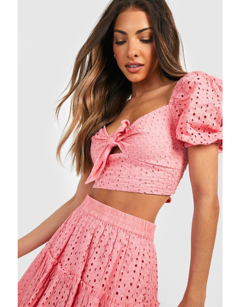 Broderie Sweetheart Knot Front Crop & Mini Skirt - coral - 3