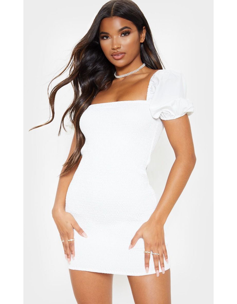 White Puff Sleeve Square Neck Shirred Bodycon Dress