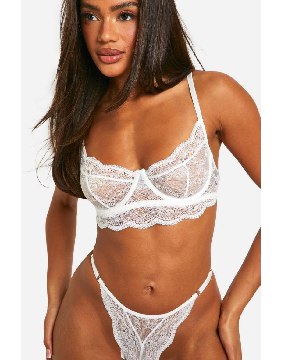 Lace Underwire Bra And Thong Set - white - 3