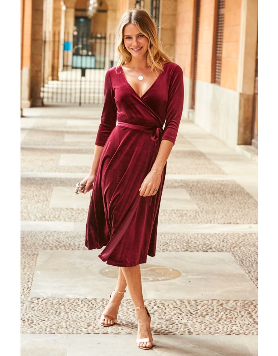 Ruby Red Luxe Velvet Wrap Midi Dress - 4