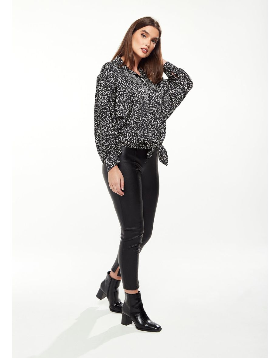 Women's Divine Grace Shirt with Front Tie in Black & White Animal Print