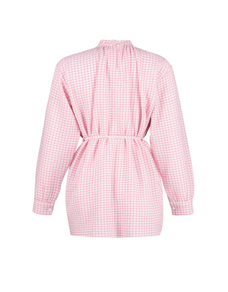 Pale Pink Belted Woven See-through Plaid Tunic - 7