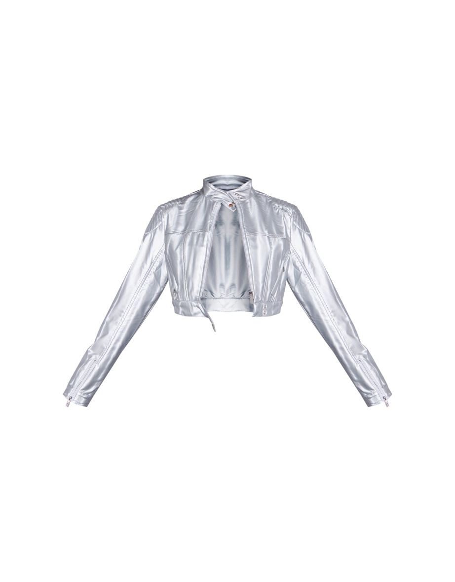 Silver Faux Leather Shoulder Detail Cropped Biker Jacket - 4