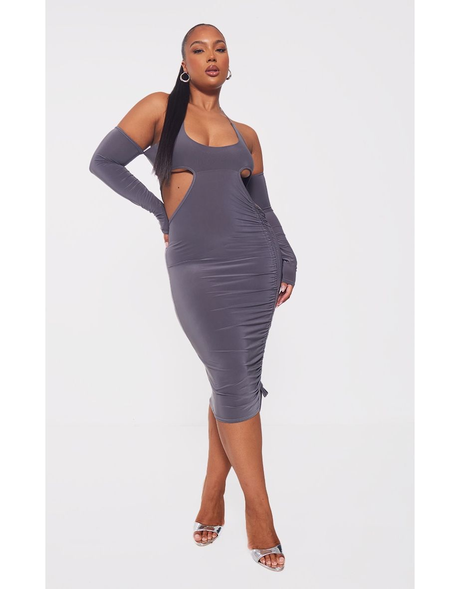 Plus Silver Slinky Ruched Cut Out Midaxi Dress