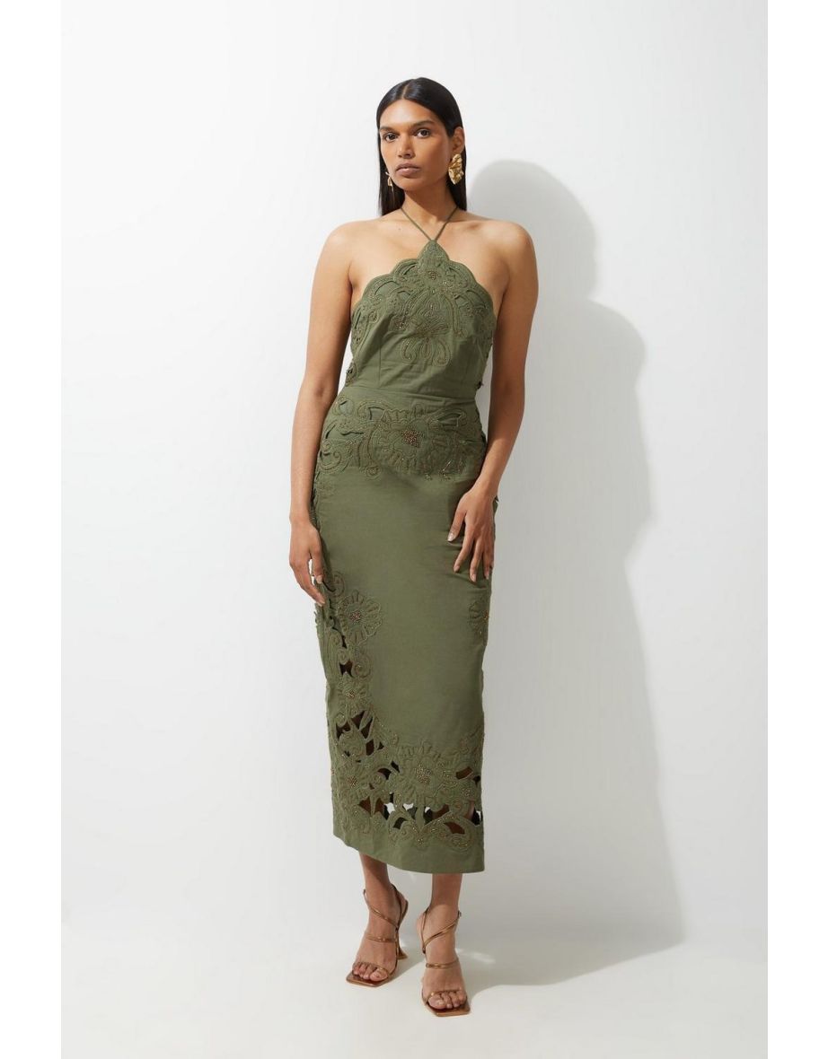 Cotton Quilted Cutwork Beaded Woven Halter Midi Dress