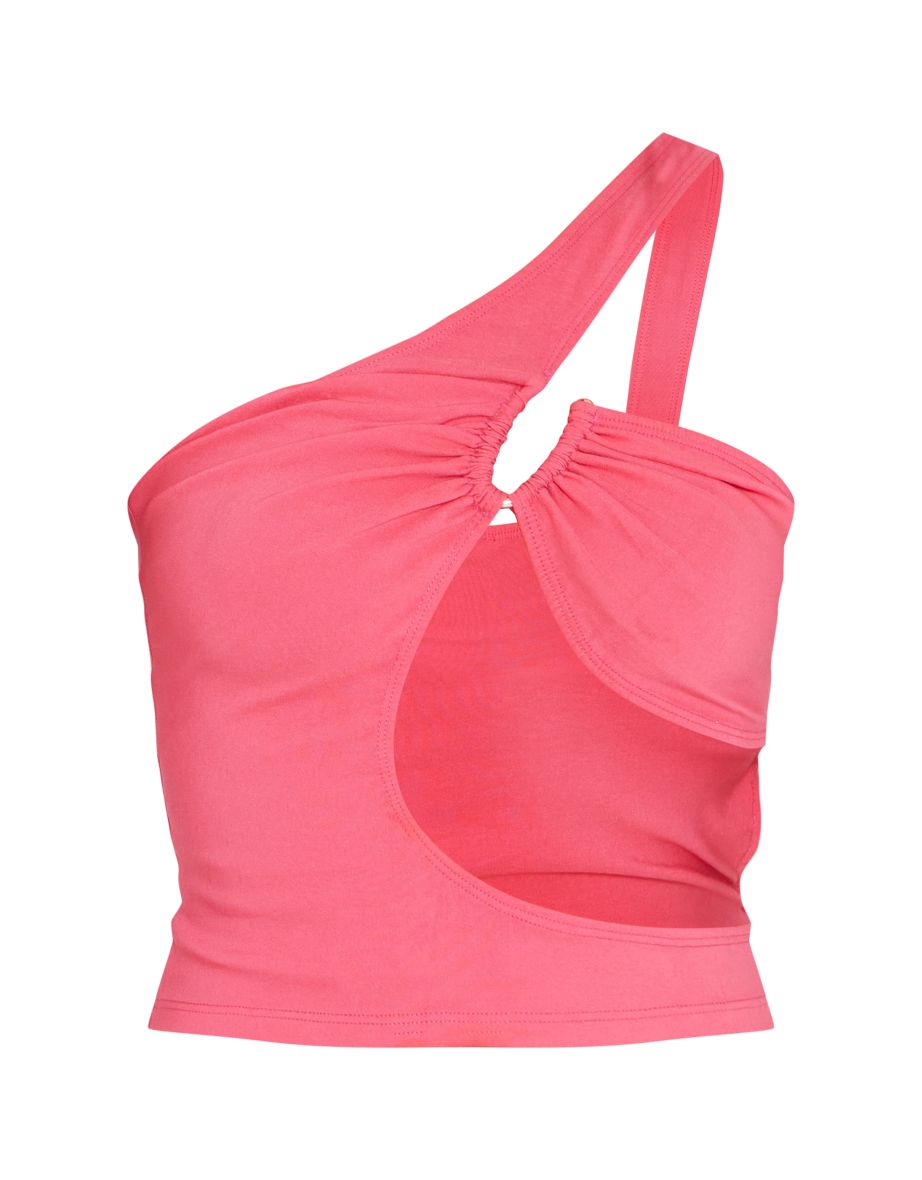 Hot Pink Stretch Woven Cut Out Ring Detail Asymmetric Crop Top - 4