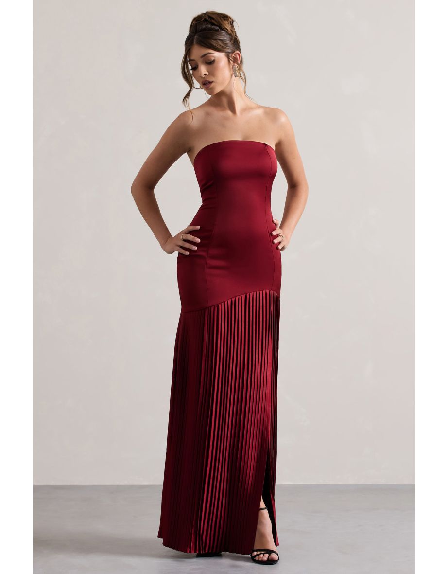 Confidence | Burgundy Satin Bandeau Pleated Split Maxi Dress