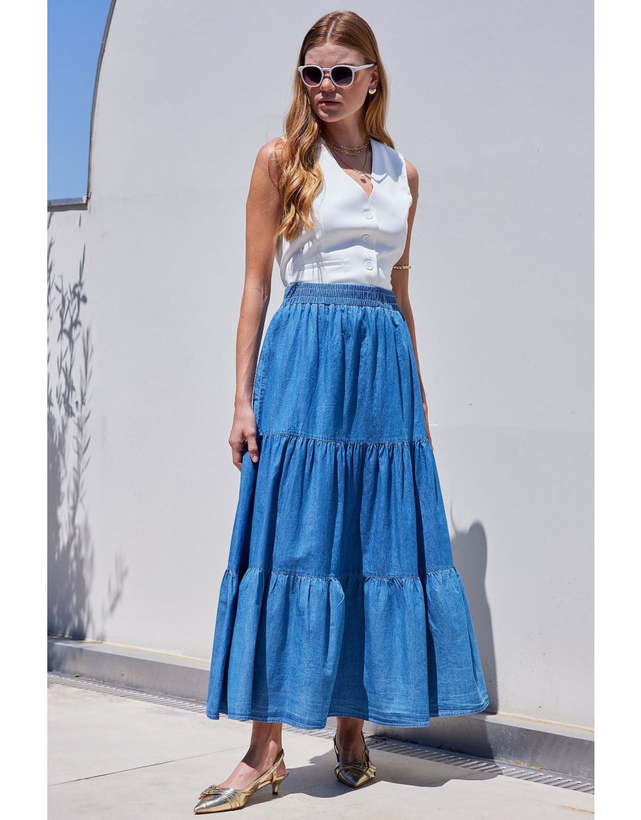 Flounce Long Denim Skirt