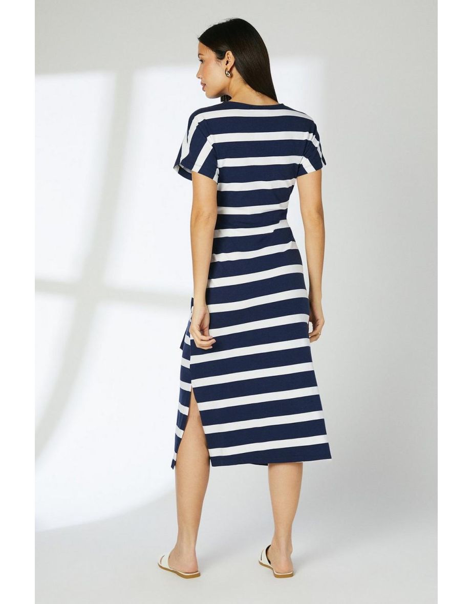 Navy Stripe Jersey Side Tie T-Shirt Dress - 3