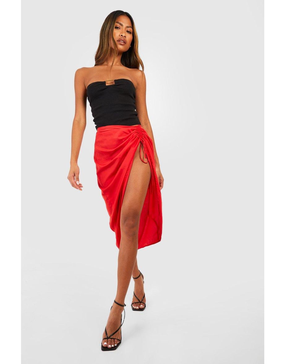Ruched Split Side Midi Skirt - tomato