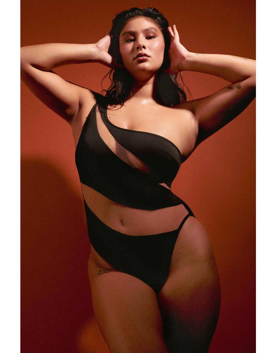 Eloise Fuller Bust Black Asymmetric Swimsuit with Nude Mesh Inserts